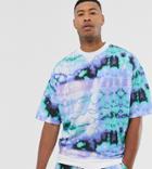 Asos Design Tall Two-piece Short Sleeve Oversized Sweatshirt In Tie Dye - Blue