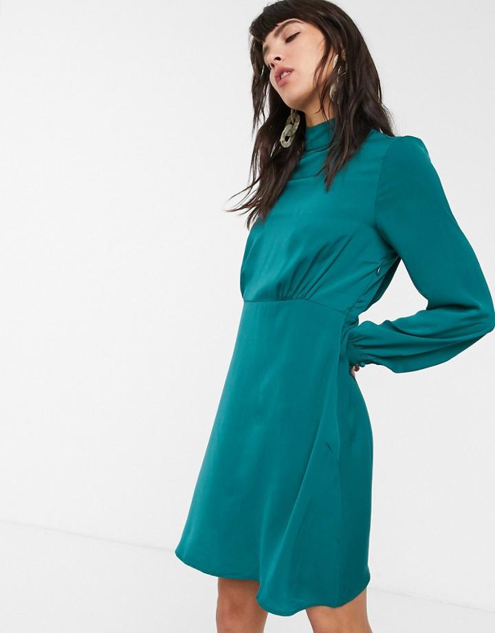 Only Naomi High Neck Satin Puff Sleeve Dress-green