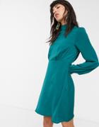 Only Naomi High Neck Satin Puff Sleeve Dress-green