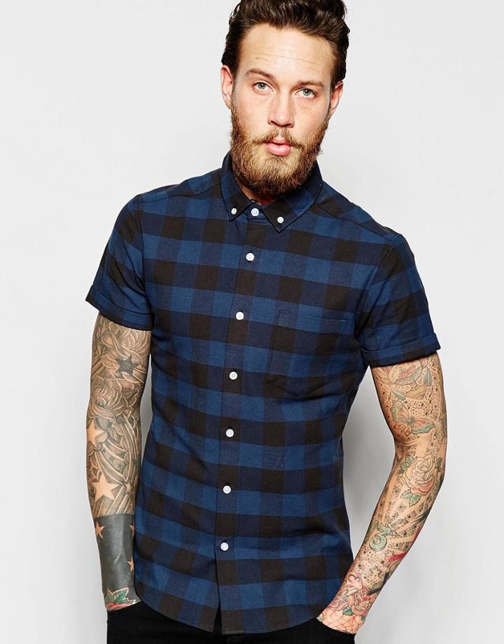 Asos Skinny Shirt With Buffalo Plaid In Blue With Short Sleeves - Blue