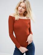 Asos Top With Off Shoulder In Rib - Brown