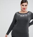 River Island Plus Sweater With Embellished Neckline In Gray - Gray