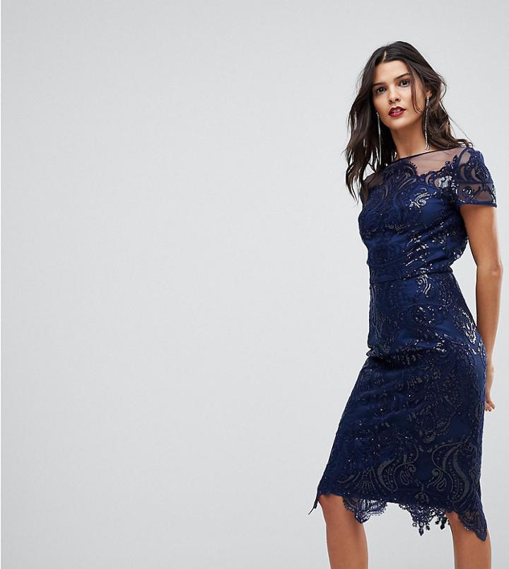 Chi Chi London Tall Cap Sleeve High Neck Midi Pencil Dress - Navy