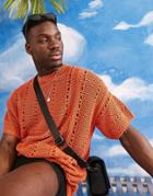 Asos Design Knit Pointelle T-shirt In Rust-copper