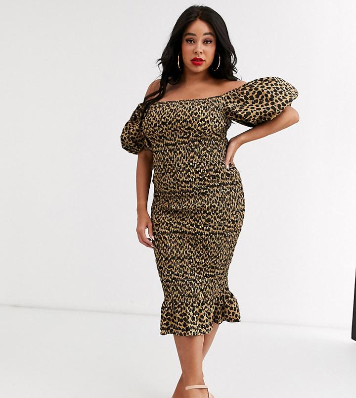 Never Fully Dressed Plus Off Shoulder Blouson Sleeve Shirred Midi Dress In Leopard Print