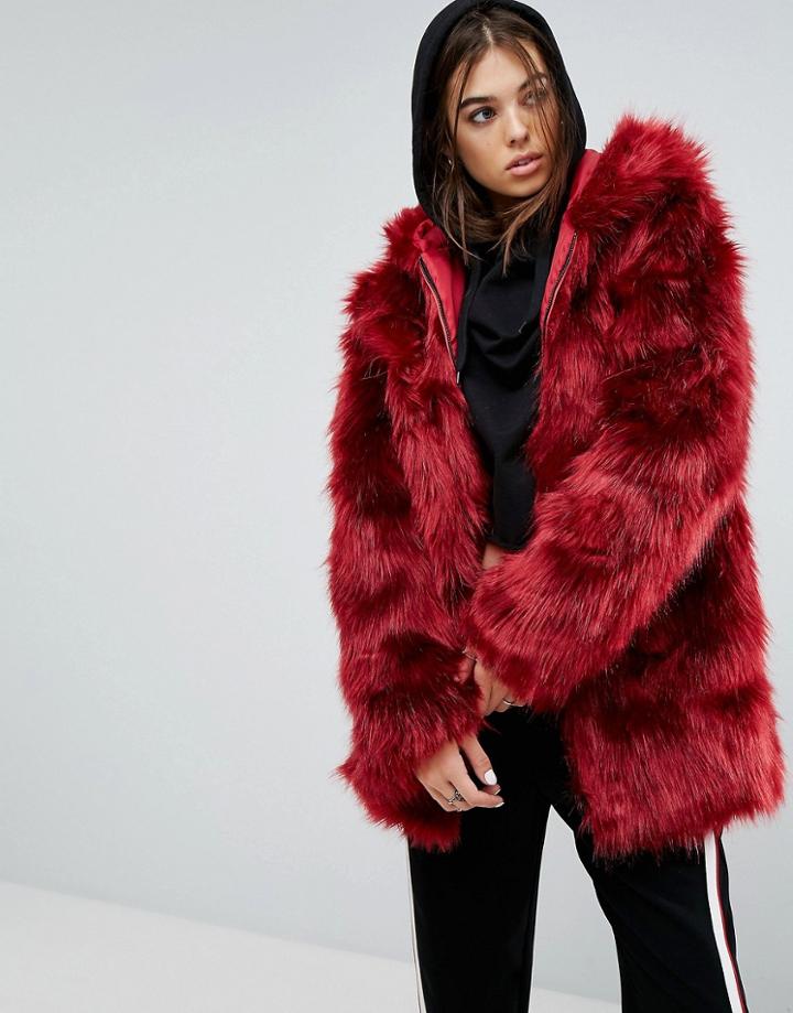 Story Of Lola Faux Fur Coat With Hood And Backpack Straps - Red