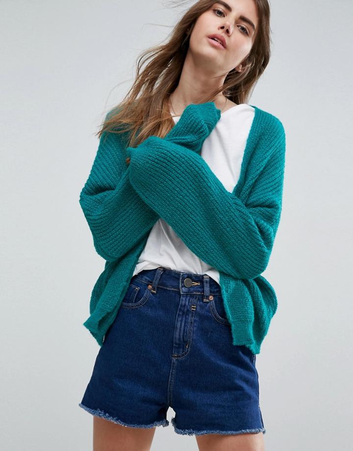 Asos Chunky Cardigan In Fluffy Rib - Green