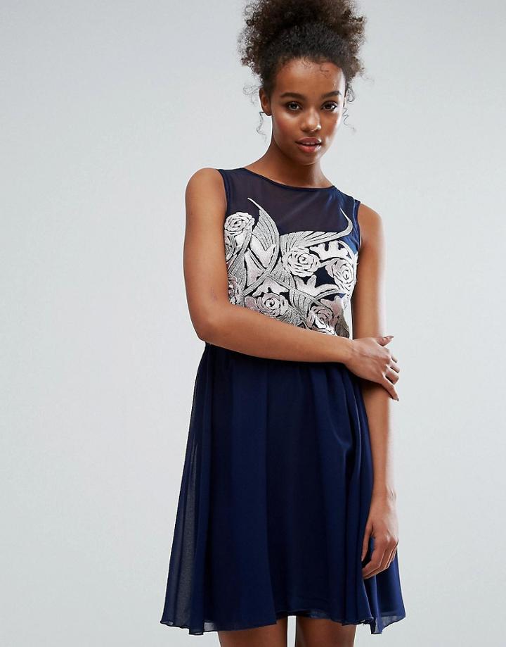Little Mistress Embroidered A-line Dress - Navy