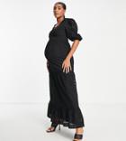 Asos Design Maternity Premium Plunge Eyelet Tiered Midi Dress With Button Neck In Black