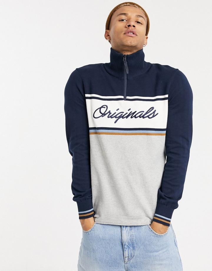 Jack & Jones Originals Quarter-zip Sweater With Front Stripe In Navy