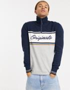 Jack & Jones Originals Quarter-zip Sweater With Front Stripe In Navy