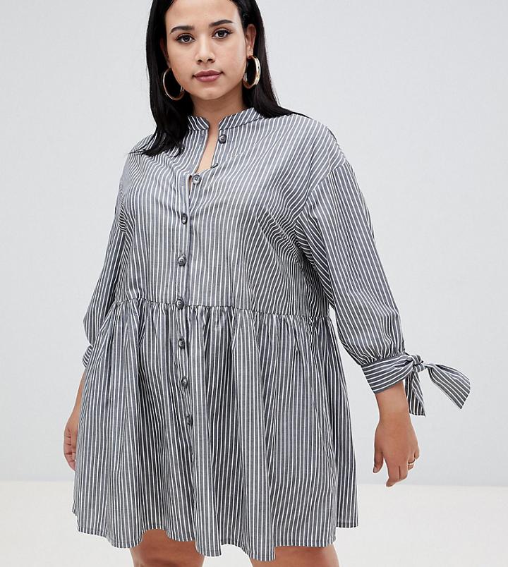 Asos Design Curve Grandad Collar Button Through Smock Mini Dress With Tie Sleeve In Stripe-multi