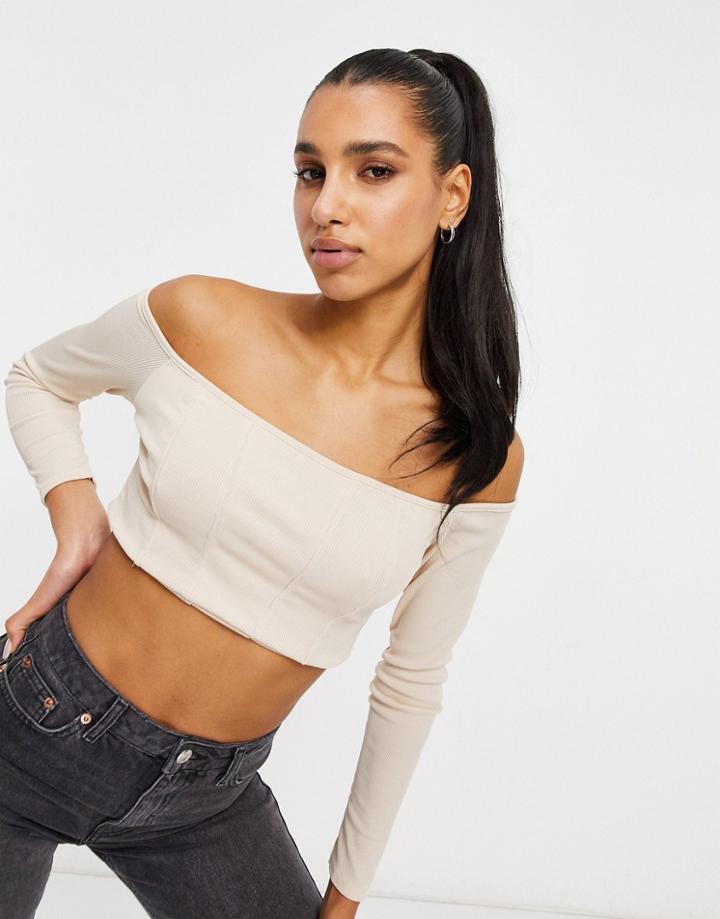 Club L London Off-shoulder Long Sleeve Crop Top In Mushroom-grey