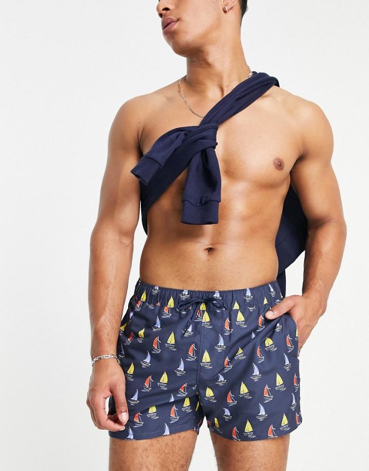 Asos Design Swim Shorts With Nautical Print Short Length-navy