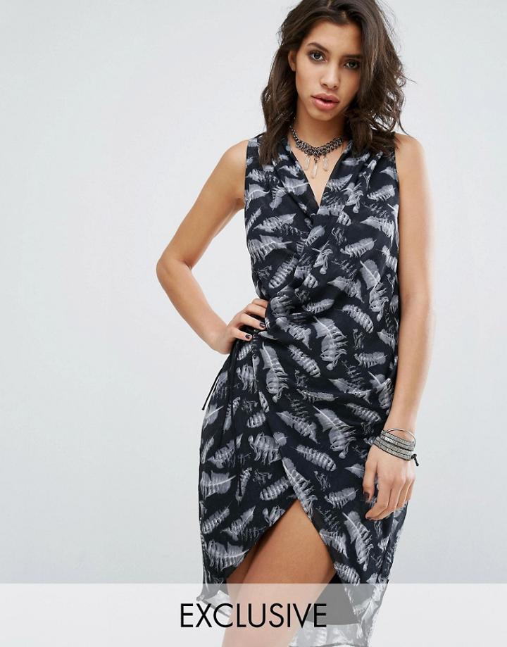 Religion Wrap Dress In Skeleton Feather Print - Black