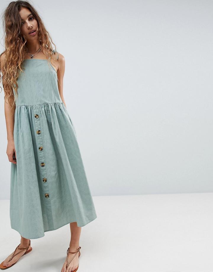 Asos Button Through Casual Cami Midi Smock Sundress - Blue