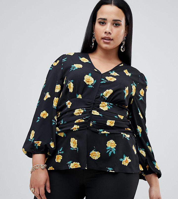 Fashion Union Plus Long Sleeved Plunge Front Top - Black