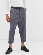 Asos Design Drop Crotch Tapered Smart Pants In Blue Herringbone With Turn Up-navy