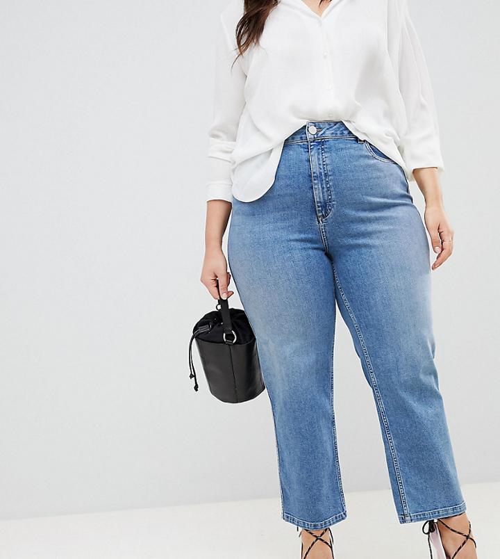 Asos Design Curve Farleigh High Waist Straight Leg Jeans In Stone Wash Blue - Blue