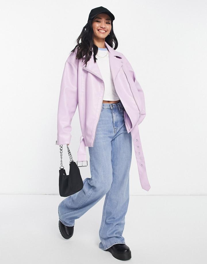 Asos Design Longline Oversized Faux Leather Biker Jacket In Lilac-purple