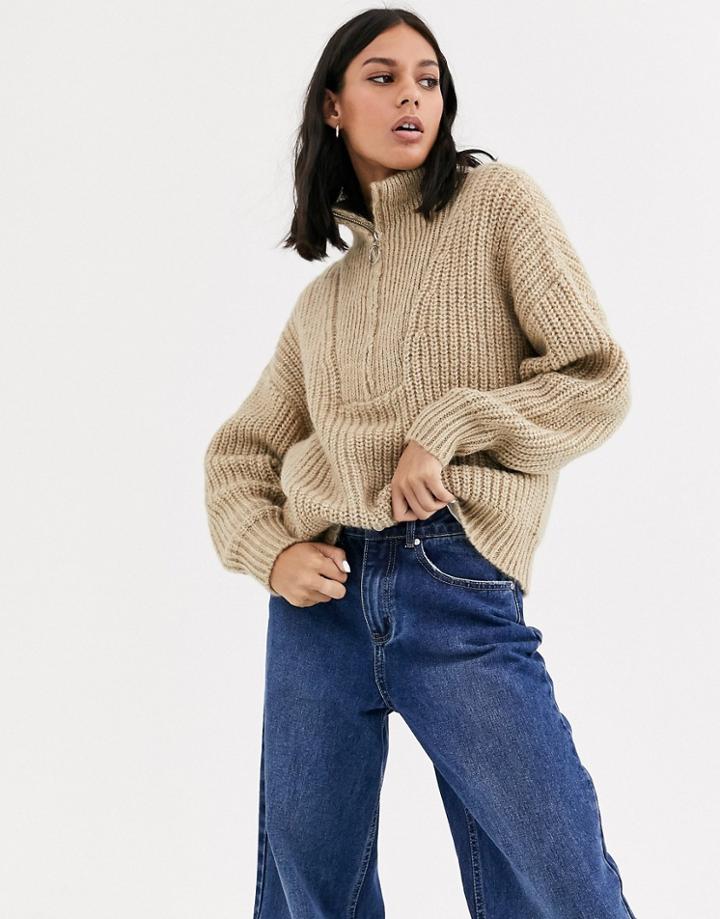 Asos Design Chunky Rib Sweater With Zip Detail