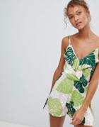 Daisy Street Romper With Frill Wrap Front In Palm Print - Multi