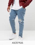 Asos Plus Tapered Jeans In Vintage Light Wash Blue With Heavy Rips - Blue