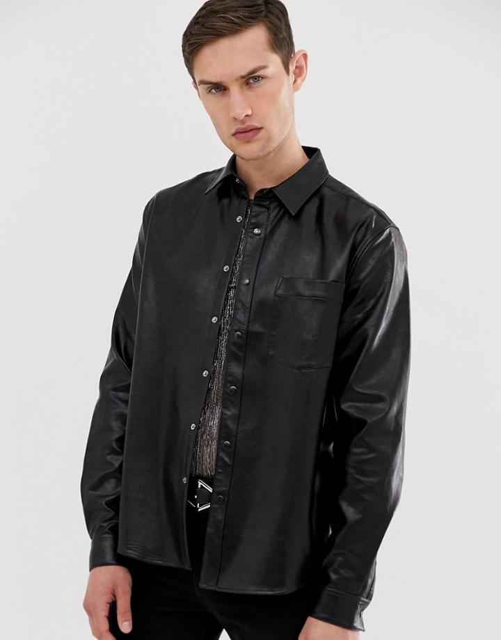 Asos Design Regular Fit Leather Look Shirt In Black