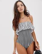 Asos Design Recycled Frill Bandeau Swimsuit In Mono Stripe Print-multi