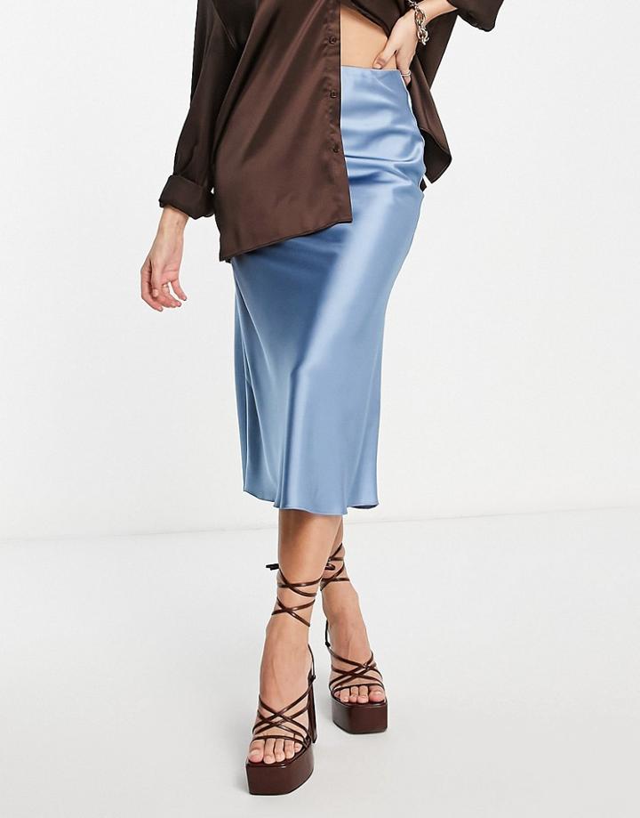 Asos Design Satin Bias Midi Skirt In Pale Blue