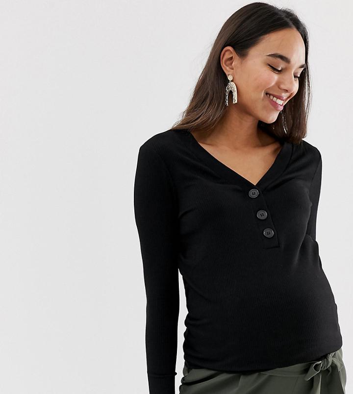 New Look Maternity Contrast Button Down Rib Long Sleeve Top In Black - Black
