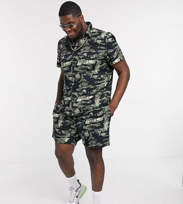 New Look Plus & Tall Leafy Camo Ripstop Short Sleeve Shirt In Black