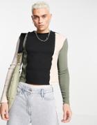 Asos Design Shrunken Slim Long Sleeve T-shirt In Color Block Rib-green