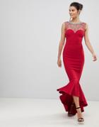 City Goddess Embellished Fishtail Maxi Dress - Red