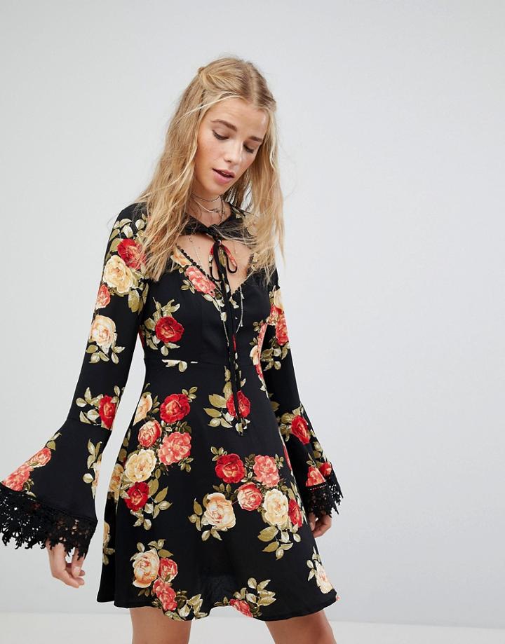 Kiss The Sky Tea Dress In Floral With Tie Neck Detail - Black