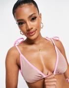 Asos Design Contrast Tie Shoulder Bikini Top With Velvet Contrast Binding In Mink And Pink-neutral