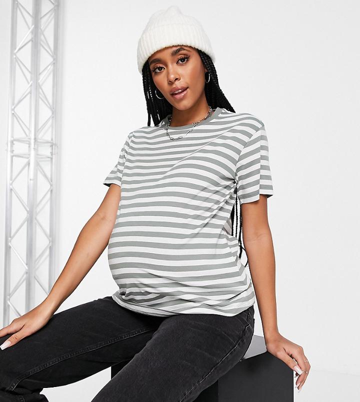 Asos Design Maternity Ultimate T-shirt In Khaki And White Stripe-multi