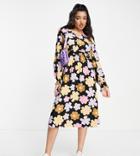 Pieces Exclusive V Neck Smock Dress In Purple 70s Floral-multi