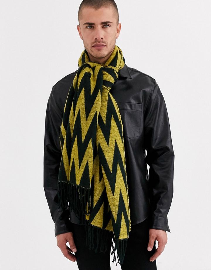 Asos Design Woven Blanket Scarf In Black And Yellow Zig Zag-multi