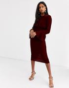 Asos Design Fluted Sleeve Midi Pencil Dress In Velvet-red