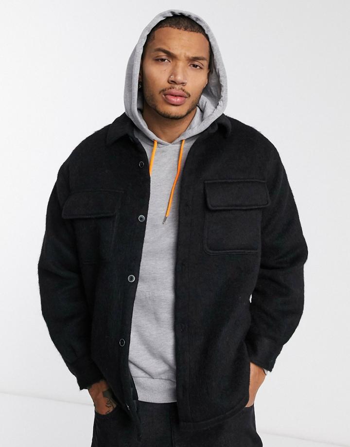 Asos Design Wool Mix Jacket In Brushed Black