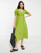 River Island Puff Sleeve Poplin Midi Smock Dress In Green