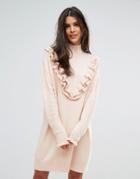 Vero Moda Sweater Dress With Ruffle Detail - Tan