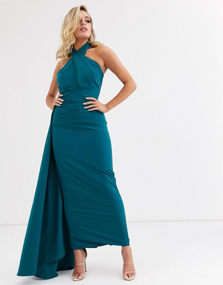 Yaura Halterneck Maxi Dress With Asymmetric Train In Teal-blue