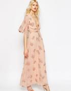 Asos Flutter Sleeve Maxi Dress With Pretty Florals - Nude