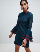 Little Mistress Bell Sleeve Lace Shift Dress-black
