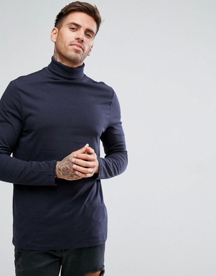 Asos Long Sleeve Roll Neck T-shirt - Navy