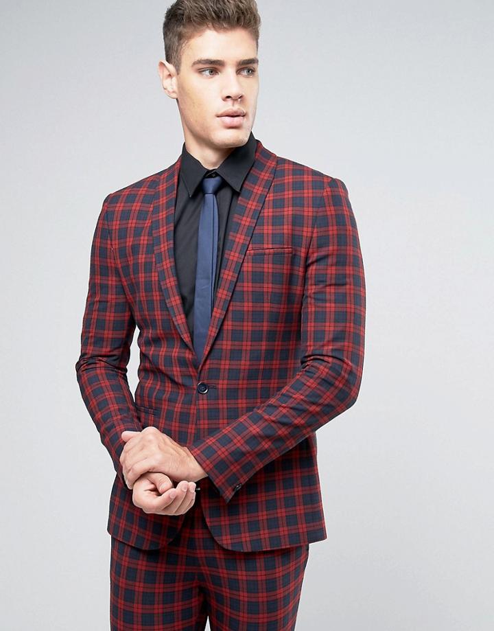 Asos Super Skinny Suit Jacket In Navy And Red Check - Red