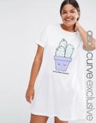 Asos Curve 'prickly When Disturbed' Cactus Print Sleep Tee With Caviar Beading - White