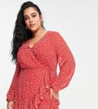 In The Style Plus X Jac Jossa Wrap Detail Volume Sleeve Mini Dress In Red Floral Print-multi